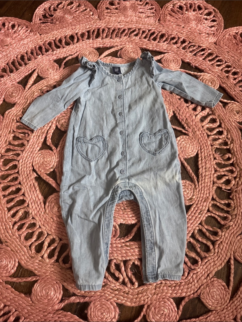 GAP Light Blue Denim Heart Pocket Romper 6-12 M